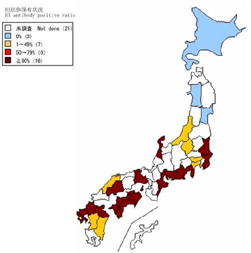 HI抗体保有状況　日本地図